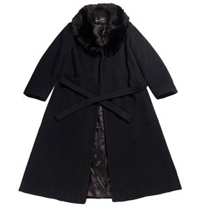 VTG Union Made Elegant Fashions NY Black Fur Lined Wool Wrap Trench Overcoat S